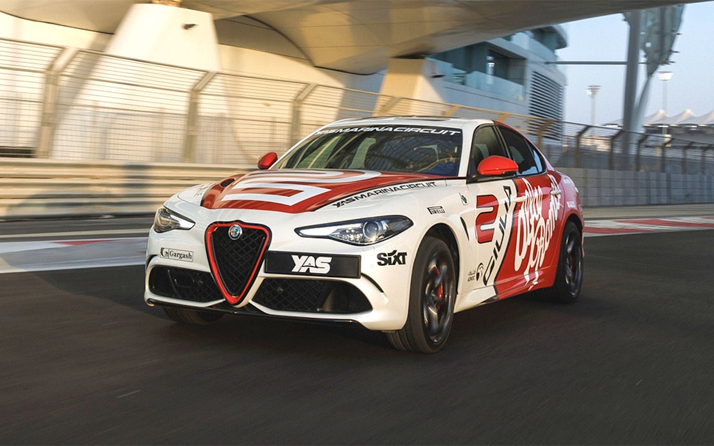 Alfa Romeo Giulia Quadrifoglio on Yas Marina Circuit track.