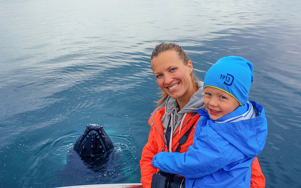 Guests observing a whale in Eyjafjörður, Iceland.