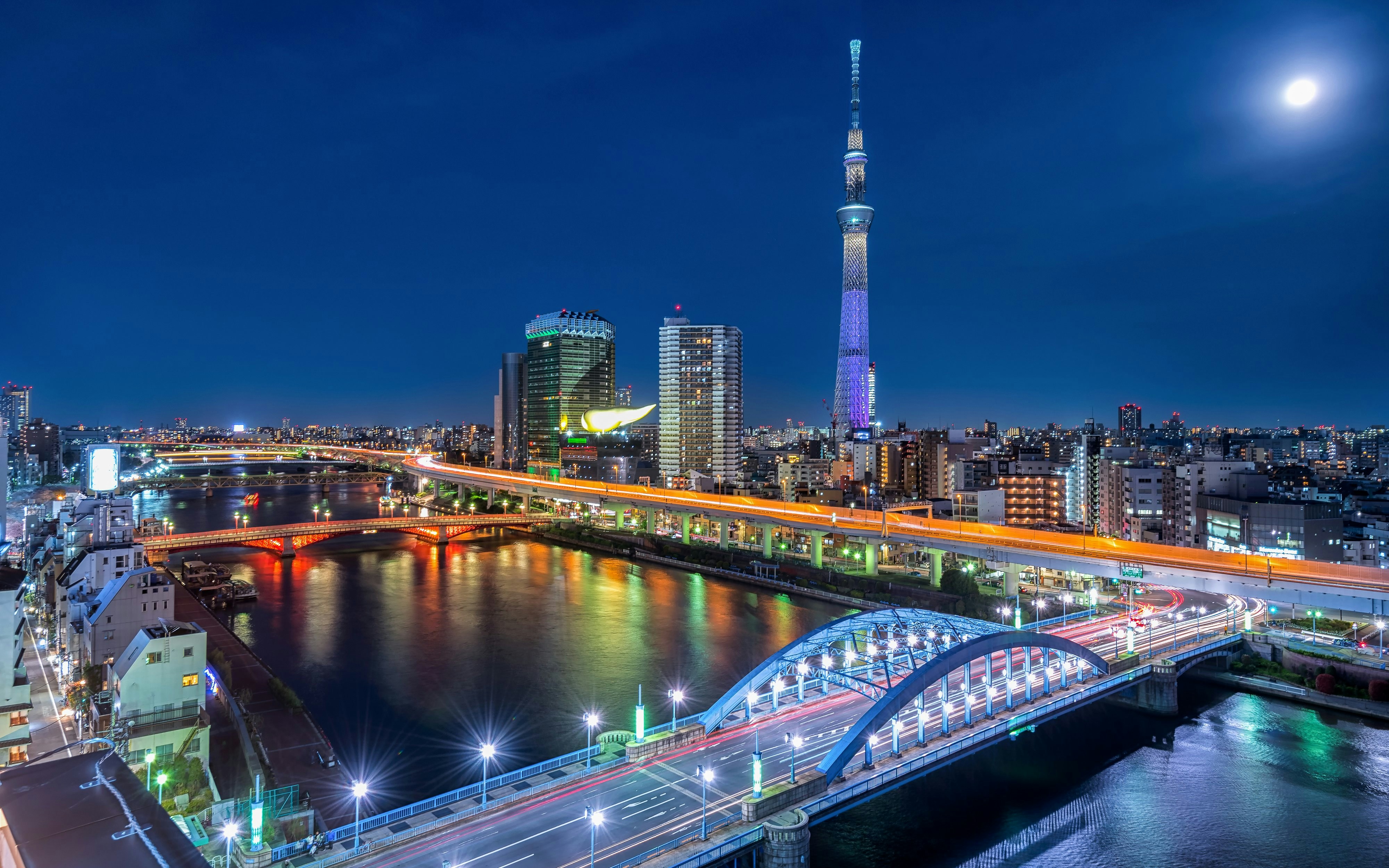 Tokyo Skytree and cityscape illuminated at night, Japan.