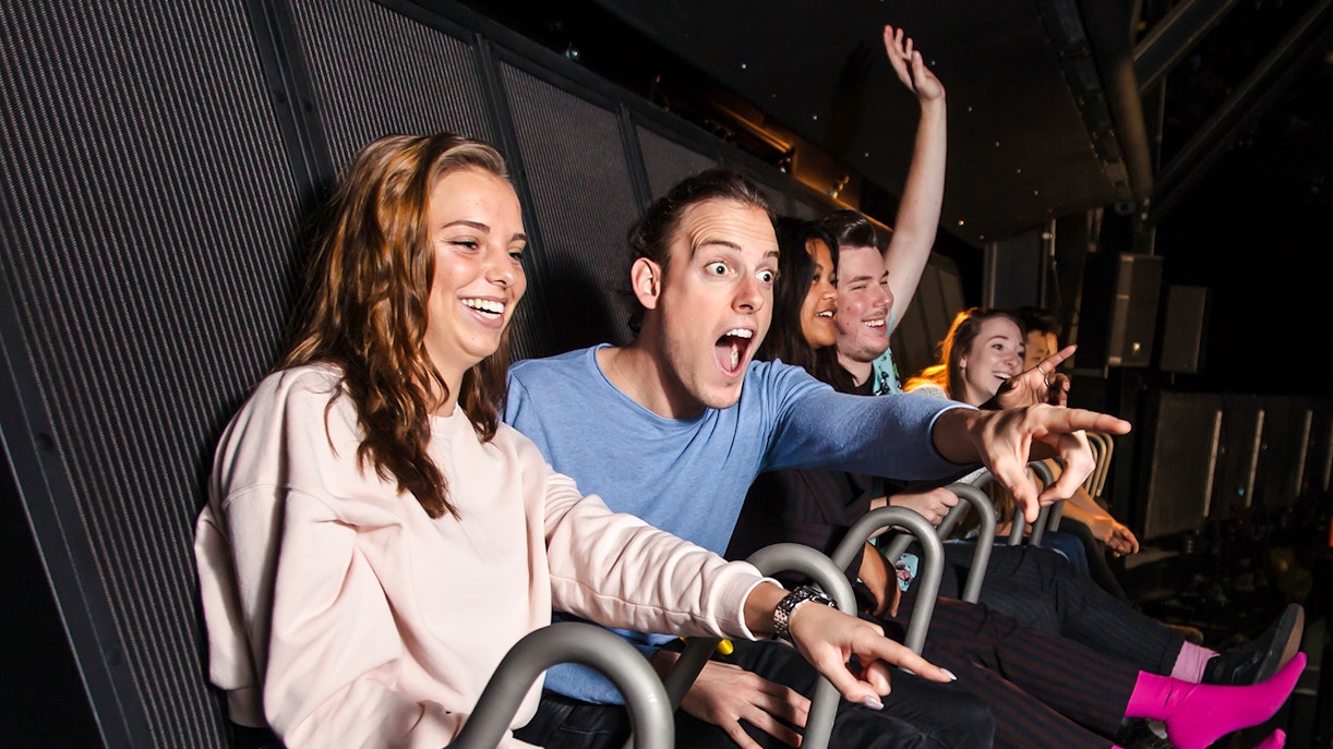 Tourists enjoying 5D ride at This Is Holland in Amsterdam.