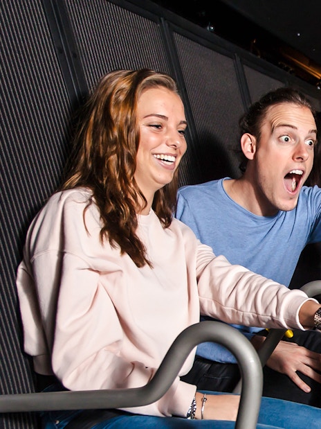 Tourists enjoying 5D ride at This Is Holland in Amsterdam.