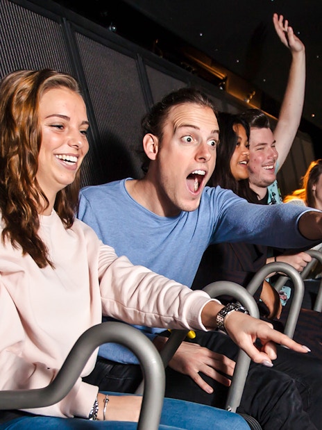 Tourists enjoying 5D ride at This Is Holland in Amsterdam.