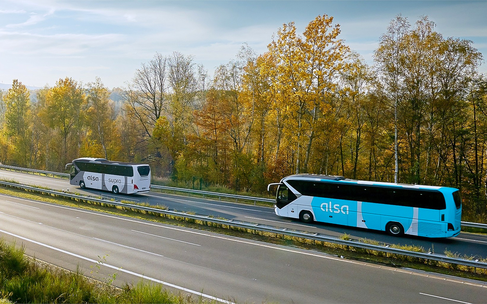Alsa buses on a highway near autumn trees, Granada route.