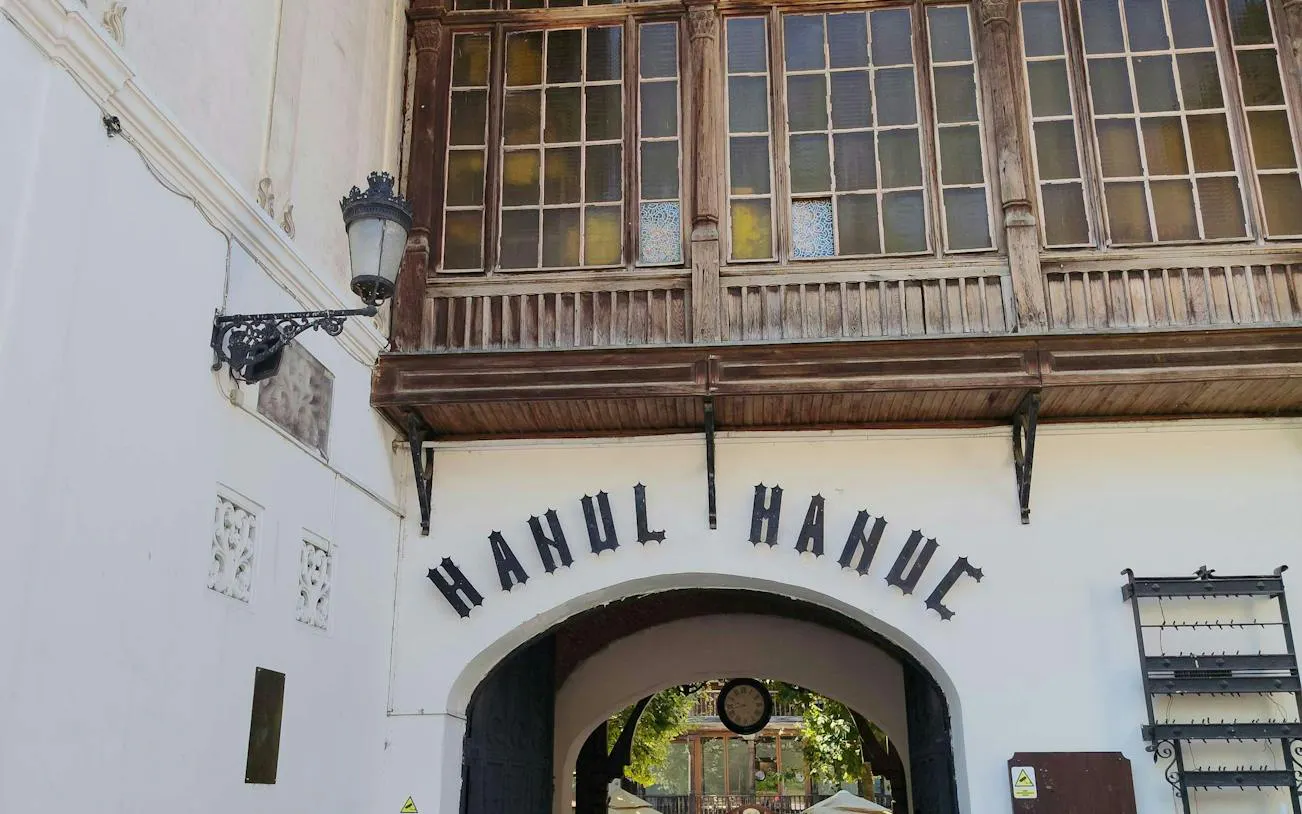 Hanul Hanuc entrance, part of the self-guided city exploration game in Bucharest.