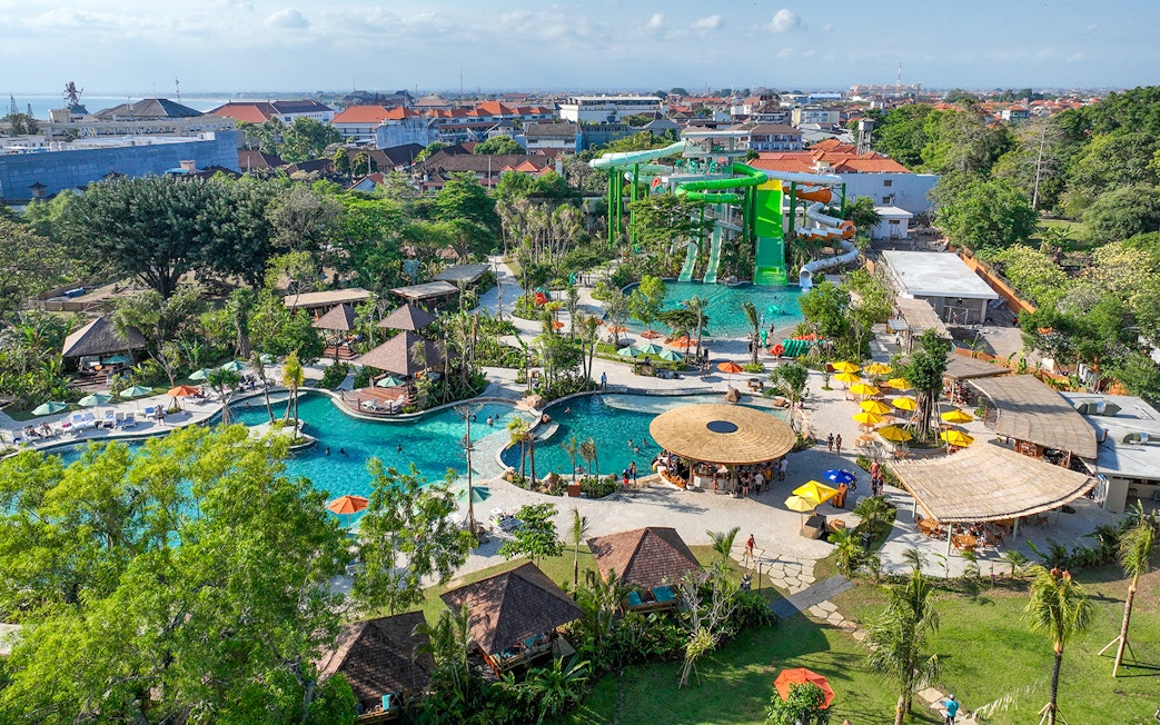 Aerial view of Waterbom Bali water park with slides and pools in Kuta, Indonesia.