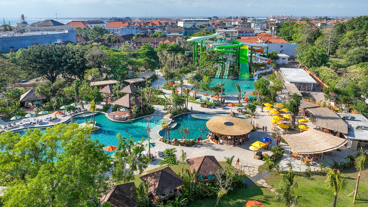 Aerial view of Waterbom Bali water park with slides and pools in Kuta, Indonesia.