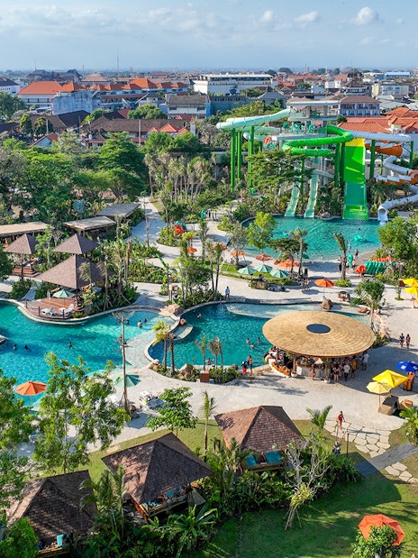 Aerial view of Waterbom Bali water park with slides and pools in Kuta, Indonesia.