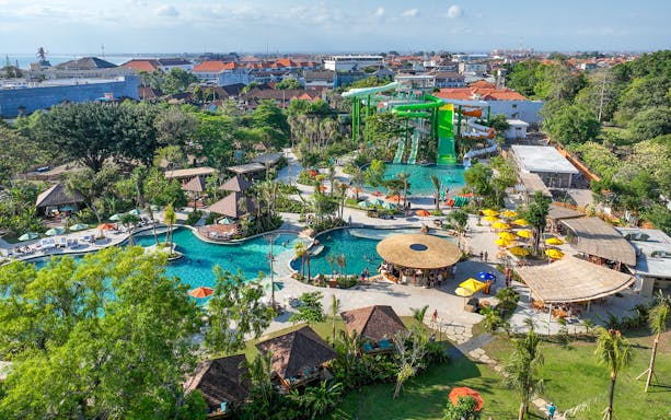 Aerial view of Waterbom Bali water park with slides and pools in Kuta, Indonesia.