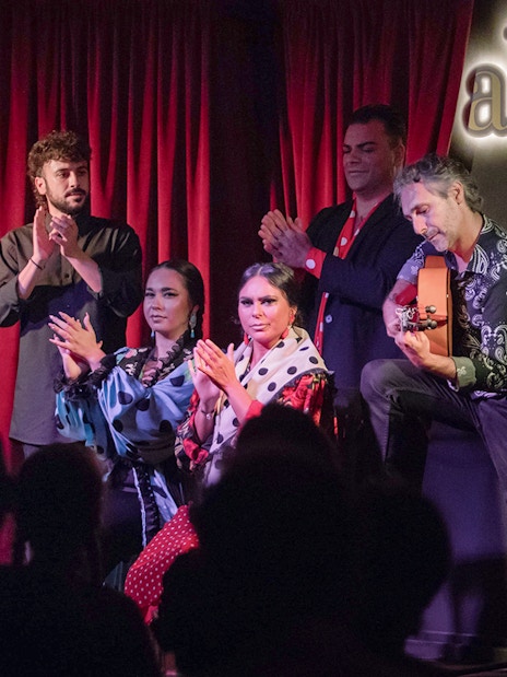 Flamenco performers on stage at Alegría, with guitarist and dancers clapping.