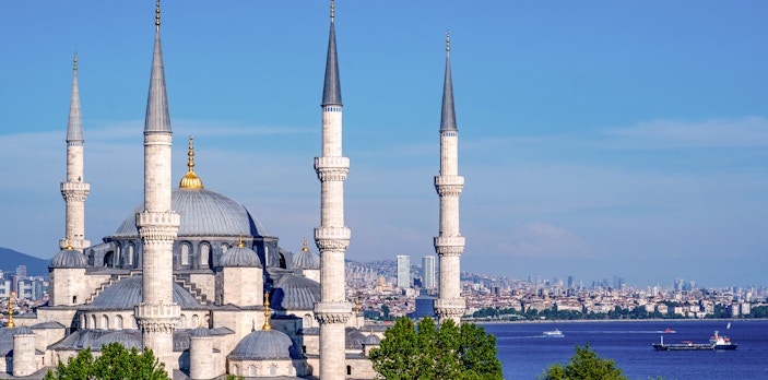 Blue Mosque minarets with Istanbul skyline and Bosphorus in the background.