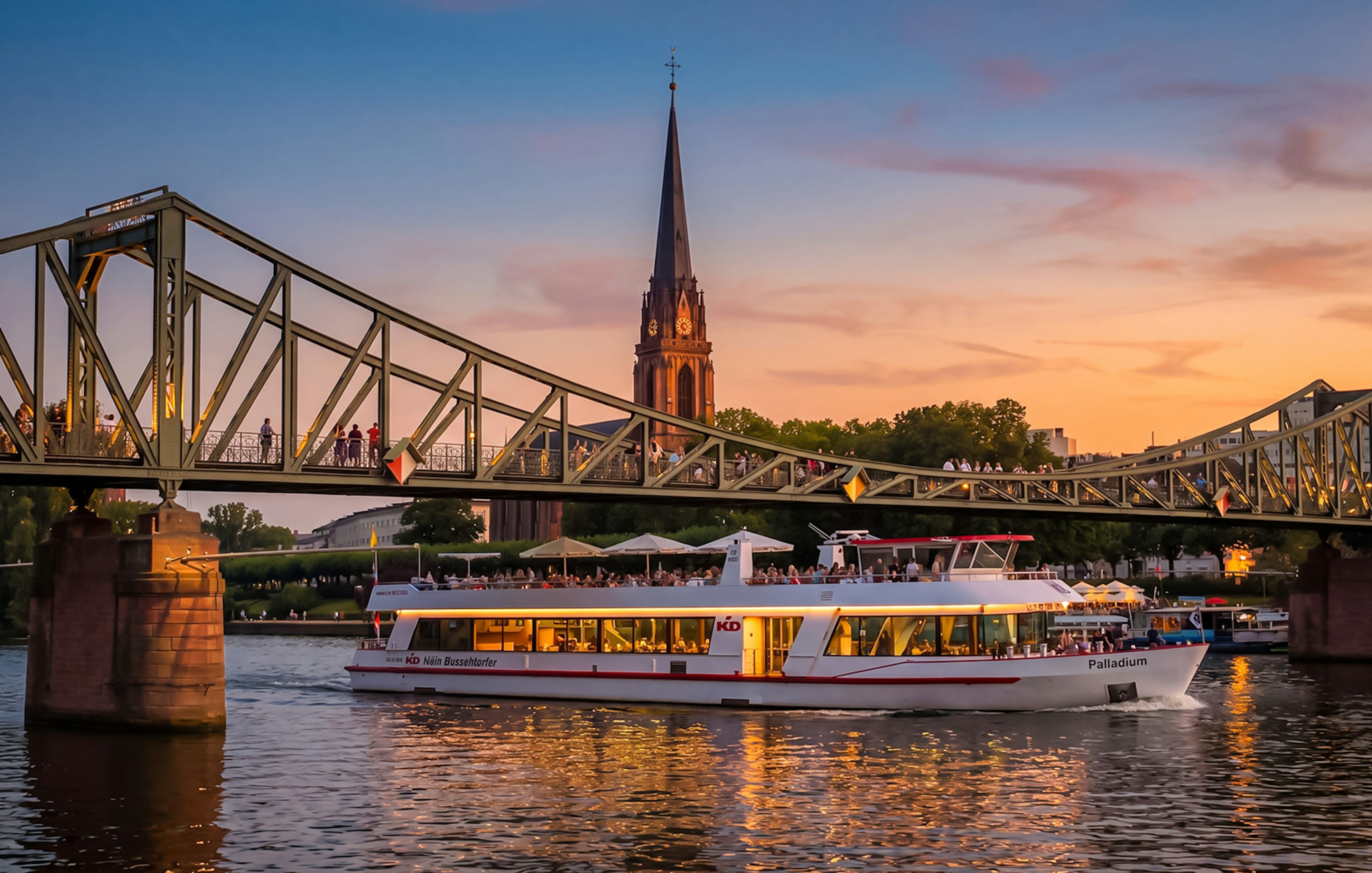 Frankfurt evening cruise boat passing under Iron Bridge at sunset.