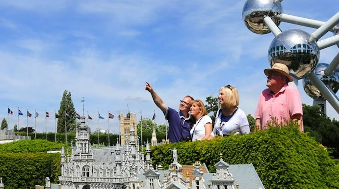 Miniature Grand Place and Atomium at Mini-Europe, Brussels.