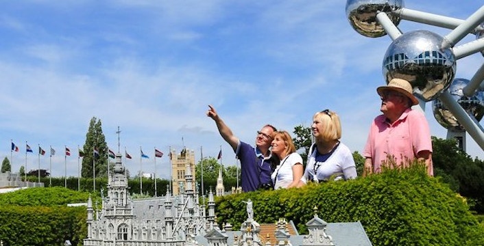 Miniature Grand Place and Atomium at Mini-Europe, Brussels.