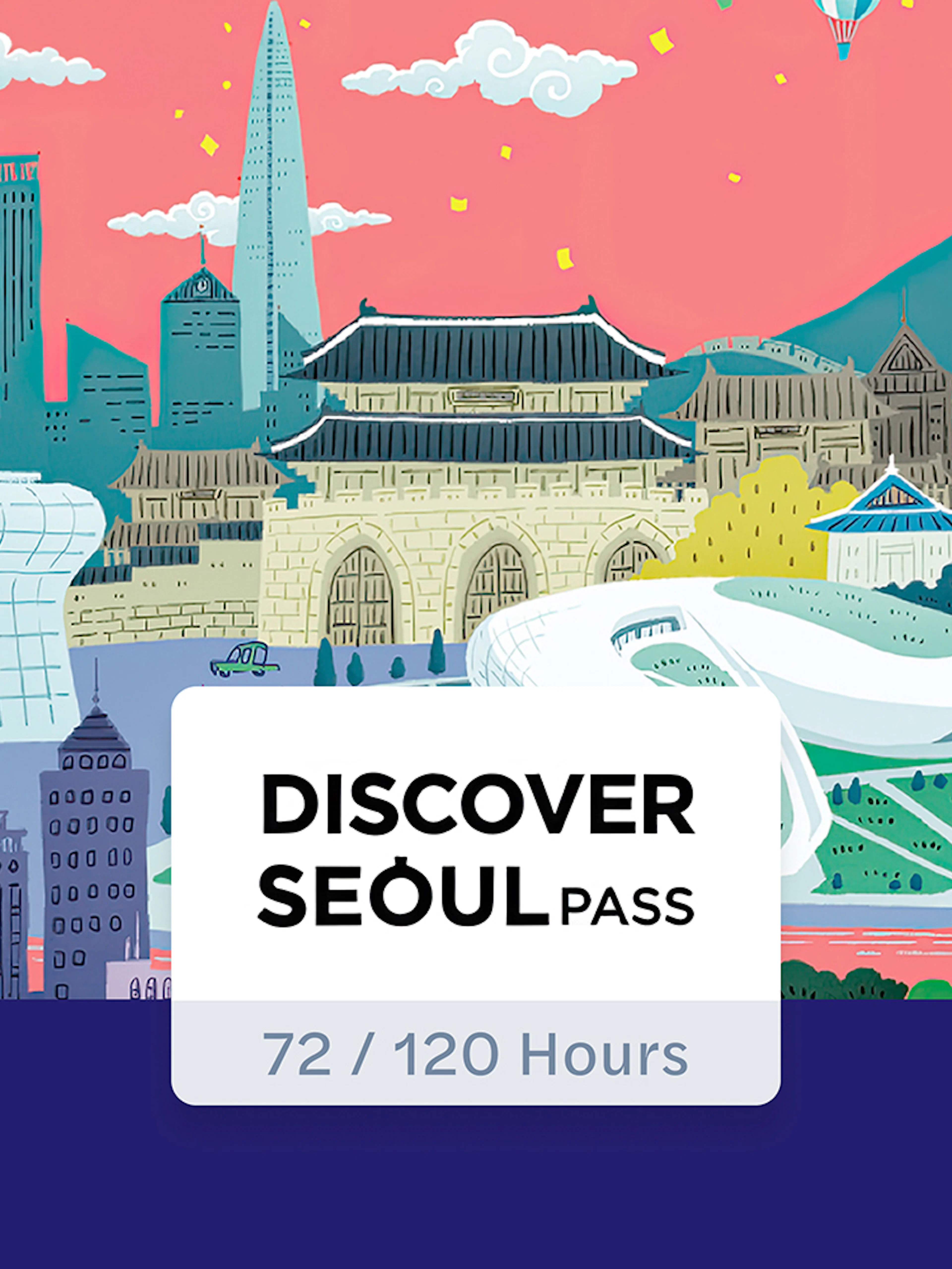 Seoul landmarks illustration with Discover Seoul Pass text.