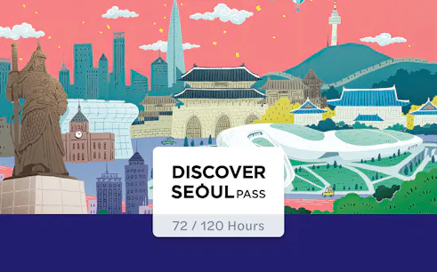 Seoul landmarks illustration with Discover Seoul Pass text.