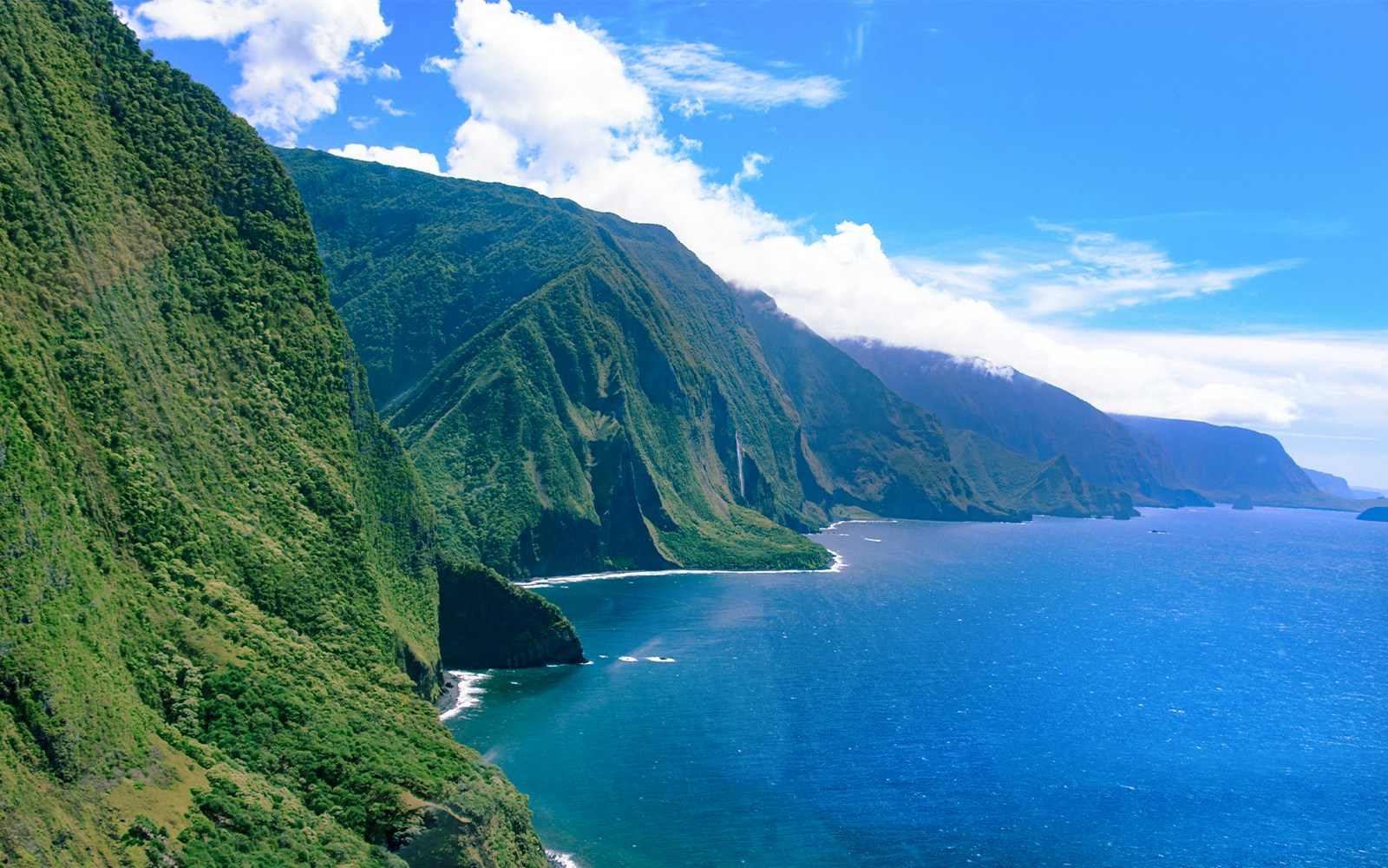 Aerial view of lush cliffs and ocean on a helicopter tour over Maui and Molokai, Hawaii.