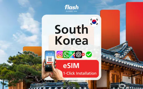 South Korea eSIM installation with smartphone in Seoul, traditional architecture in background.