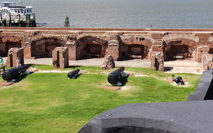 Cannons and brick fortifications at Fort Sumter National Monument, Charleston Harbor.