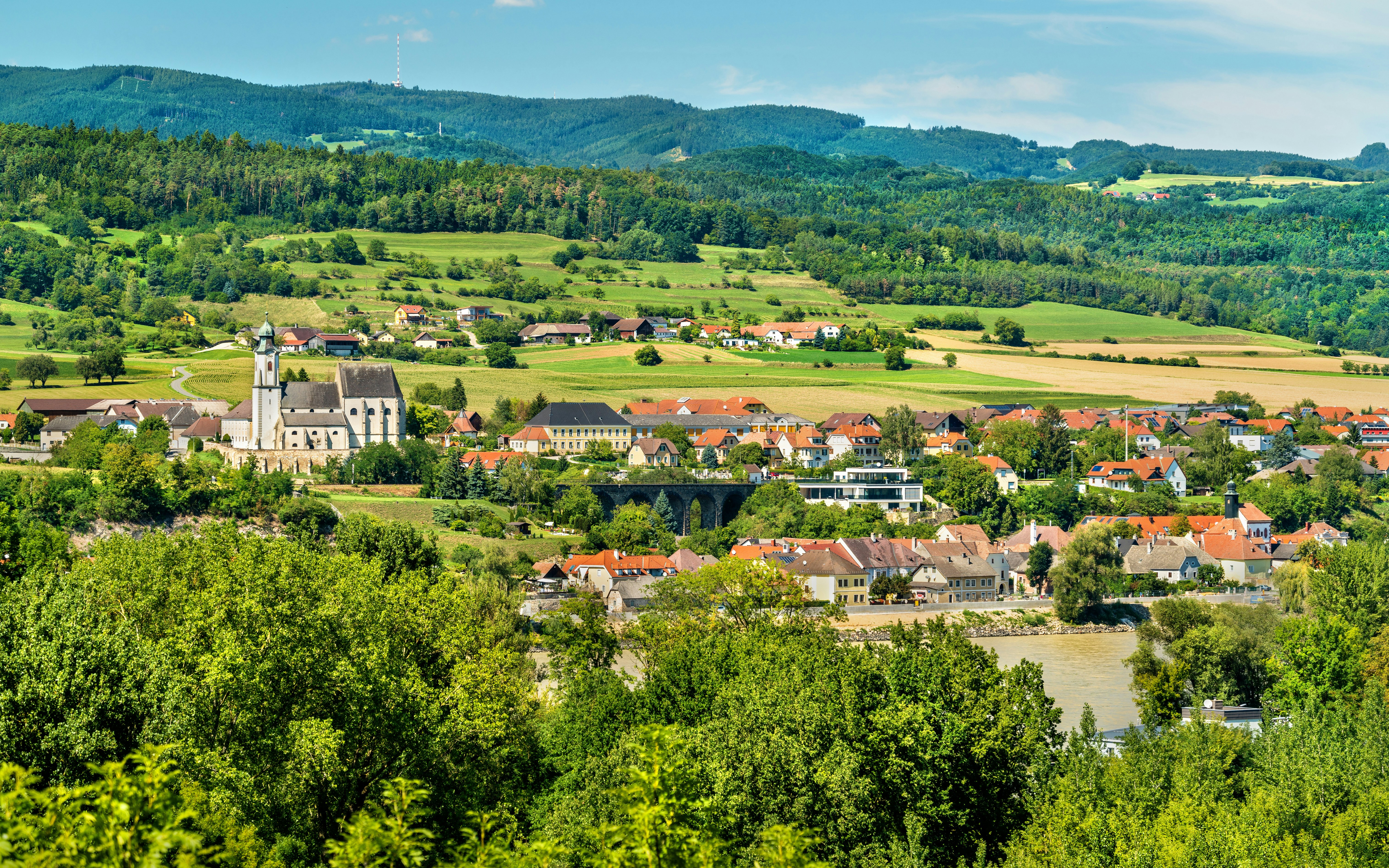 View of Emmersdorf an der Donau village and church from Melk Abbey, Austria.