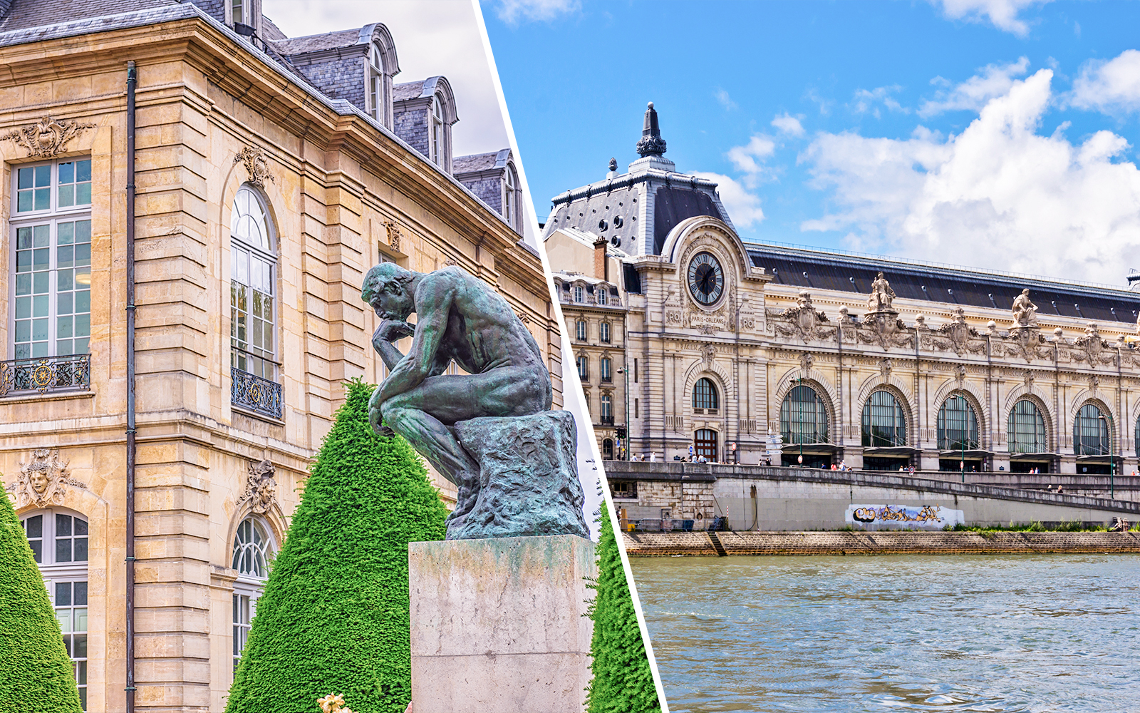 The Thinker sculpture at Rodin Museum, Paris, with Musée d&#x27;Orsay in the background.