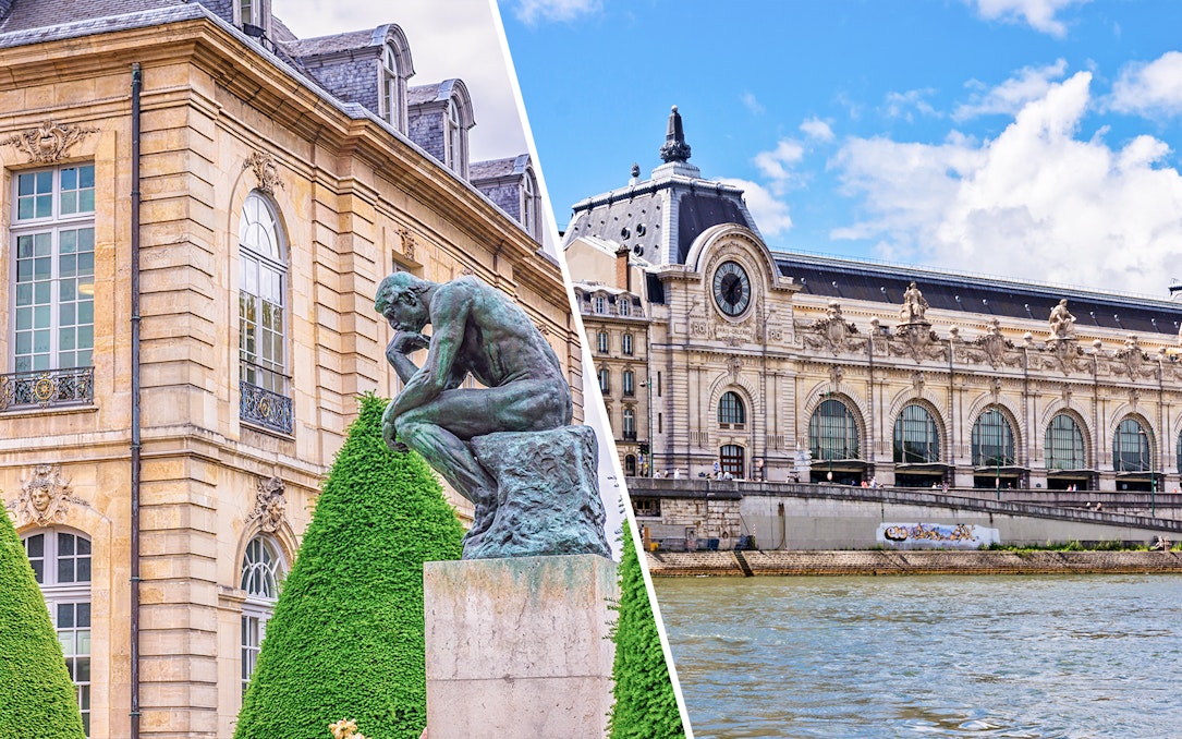 The Thinker sculpture at Rodin Museum, Paris, with Musée d'Orsay in the background.