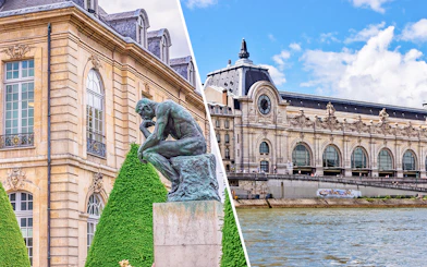 The Thinker sculpture at Rodin Museum, Paris, with Musée d'Orsay in the background.