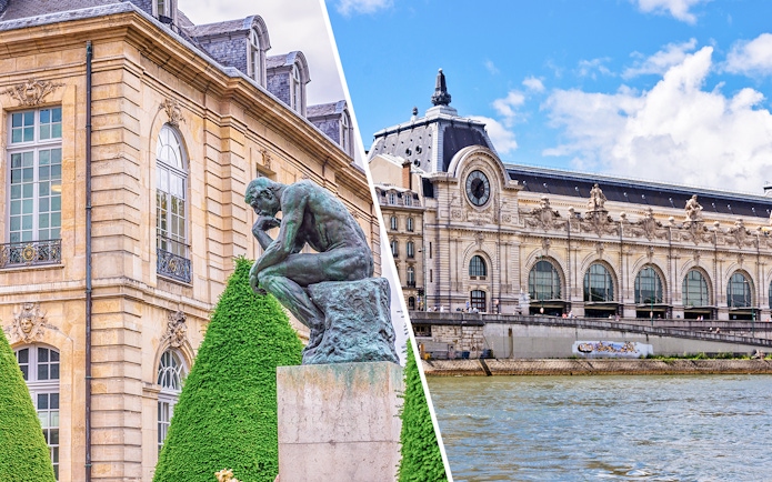 The Thinker sculpture at Rodin Museum, Paris, with Musée d'Orsay in the background.
