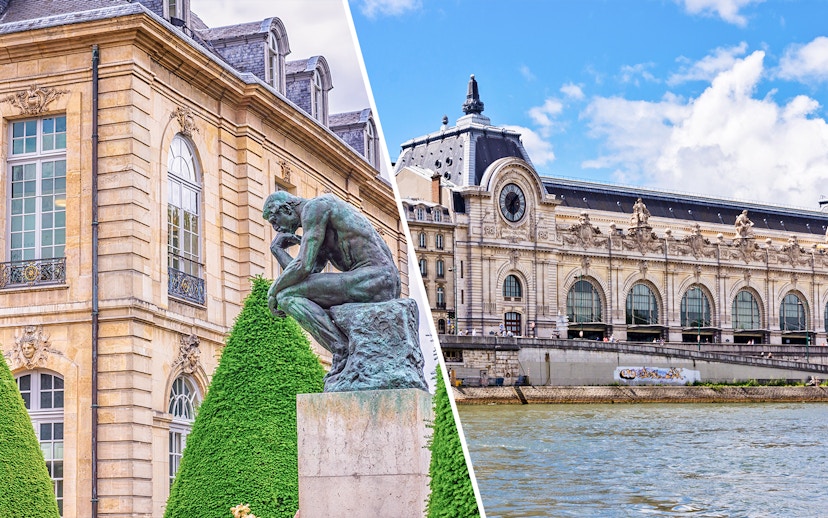 The Thinker sculpture at Rodin Museum, Paris, with Musée d'Orsay in the background.