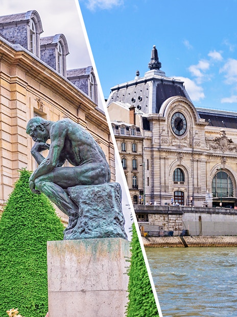 The Thinker sculpture at Rodin Museum, Paris, with Musée d'Orsay in the background.