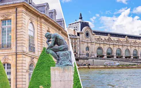The Thinker sculpture at Rodin Museum, Paris, with Musée d'Orsay in the background.
