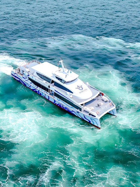 Ferry cruising from Singapore to Batam on clear blue waters.