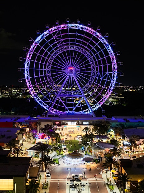 Ferris wheel illuminated at night in ICON Park, Orlando.