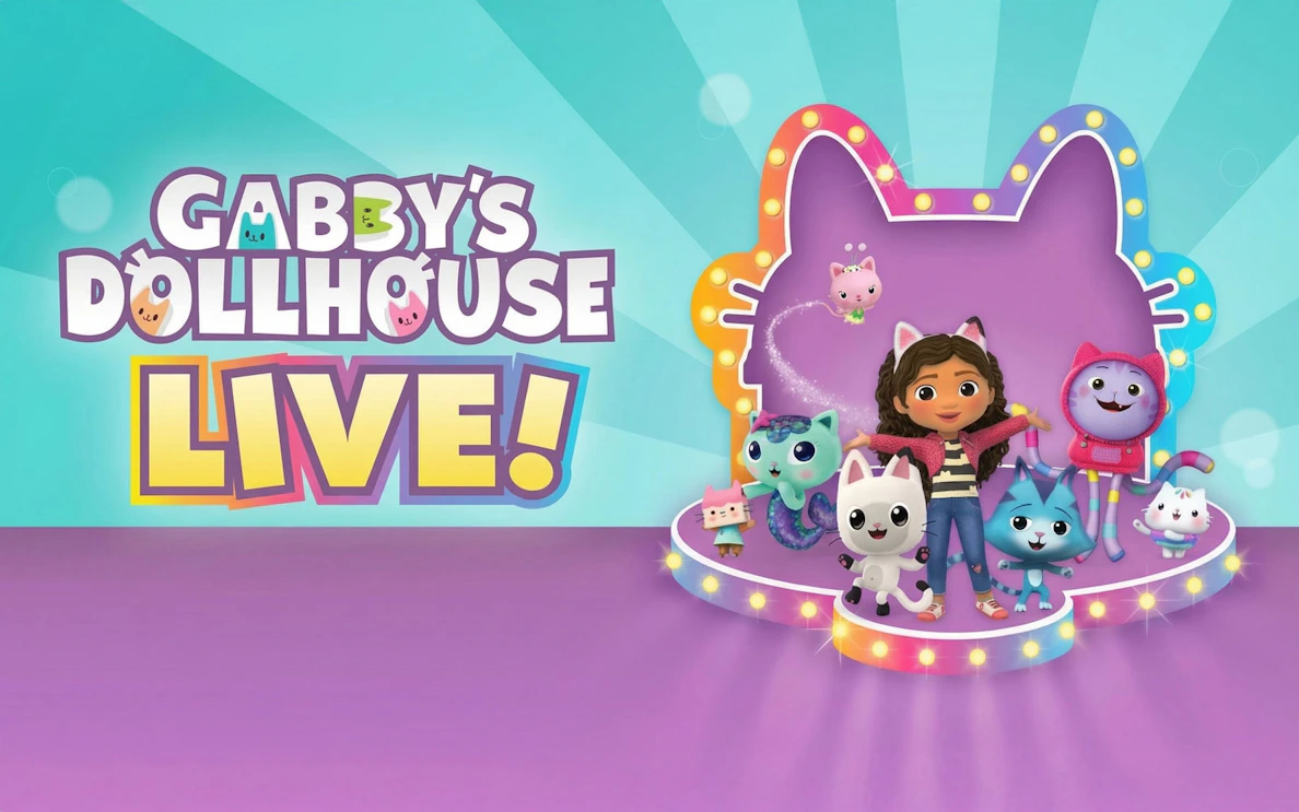 Gabby's Dollhouse Live show characters on a colorful stage, West End.