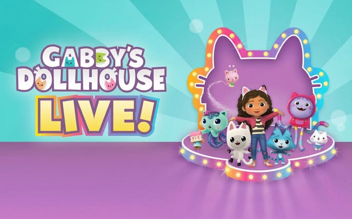 Gabby's Dollhouse Live show characters on a colorful stage, West End.