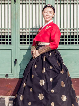 Person in traditional Korean hanbok at Gyeongbokgung Palace, Seoul.
