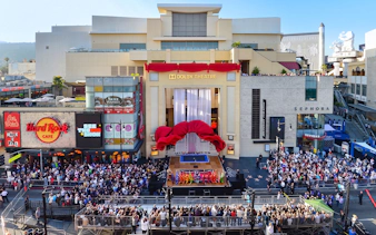Dolby Theatre exterior facade with crowd and stage in Hollywood, Los Angeles.