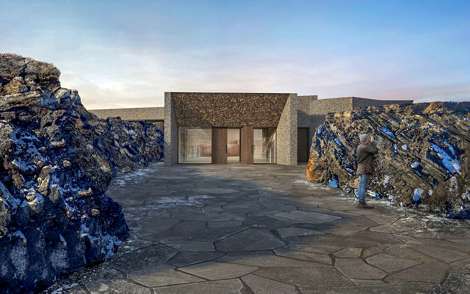 Myvatn Nature Baths entrance surrounded by rocky landscape in Iceland.