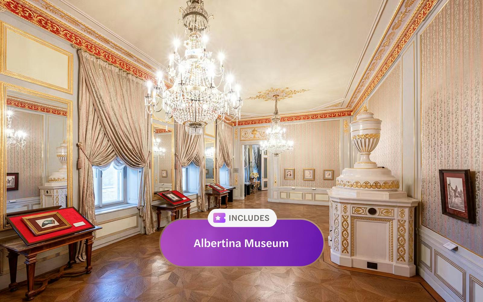 State rooms with chandeliers and ornate decor inside Albertina Museum.