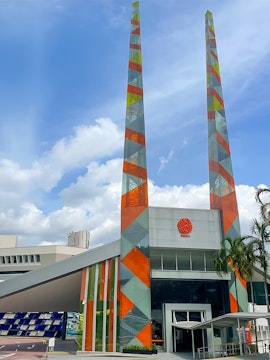 Science Centre Singapore entrance with colorful geometric towers.