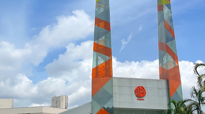 Science Centre Singapore entrance with colorful geometric towers.