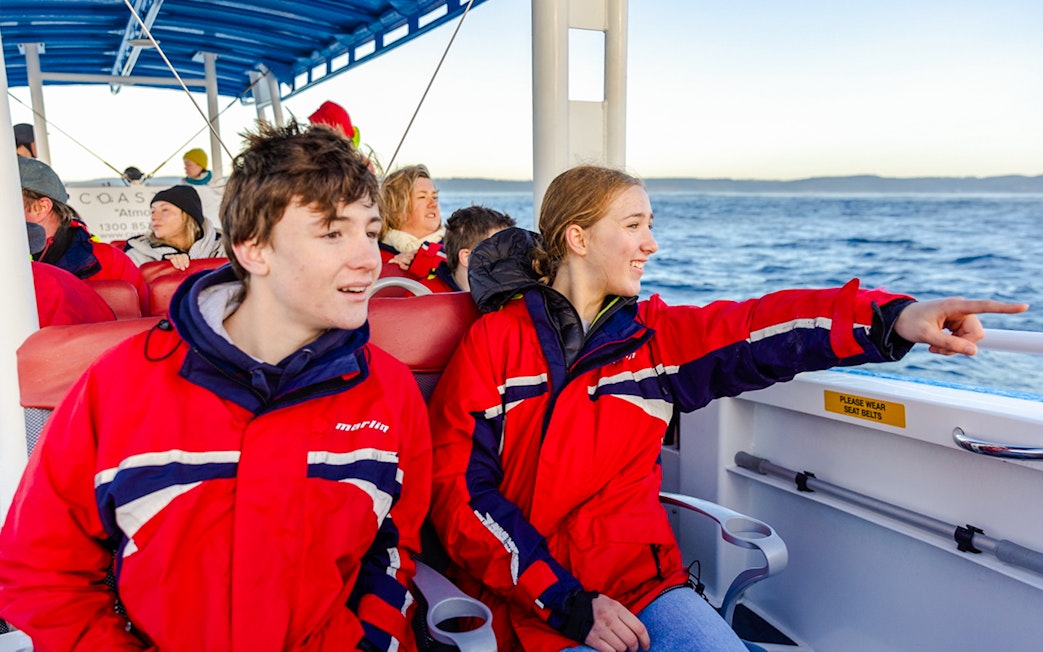 People on a boat whale watching in Newcastle, Australia.