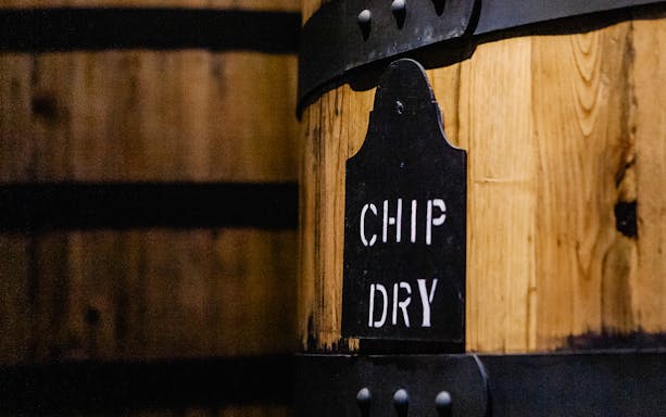 Barrel labeled "Chip Dry" at Taylor's Port Cellars in Porto.
