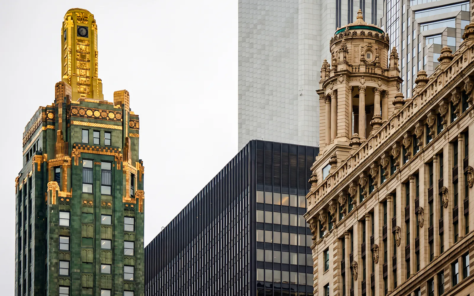 Chicago skyscrapers featuring ornate architecture on an architecture cruise.
