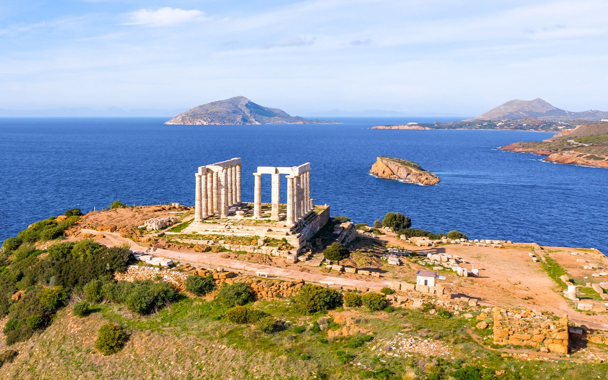 Poseidon Temple ruins overlooking the Aegean Sea at Cape Sounio, Greece.