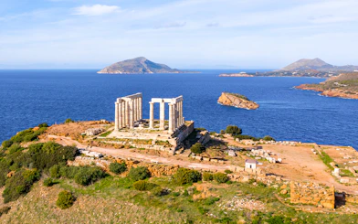 Poseidon Temple ruins overlooking the Aegean Sea at Cape Sounio, Greece.