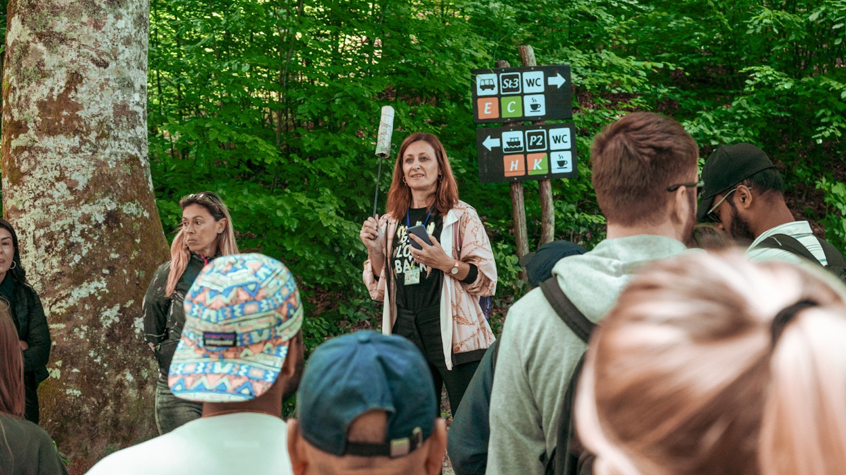 Group tour at Plitvice Lakes National Park, Croatia, with guide in wooded area.