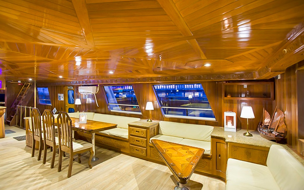 Luxury yacht interior with wooden decor and seating, large windows for whale watching tour.