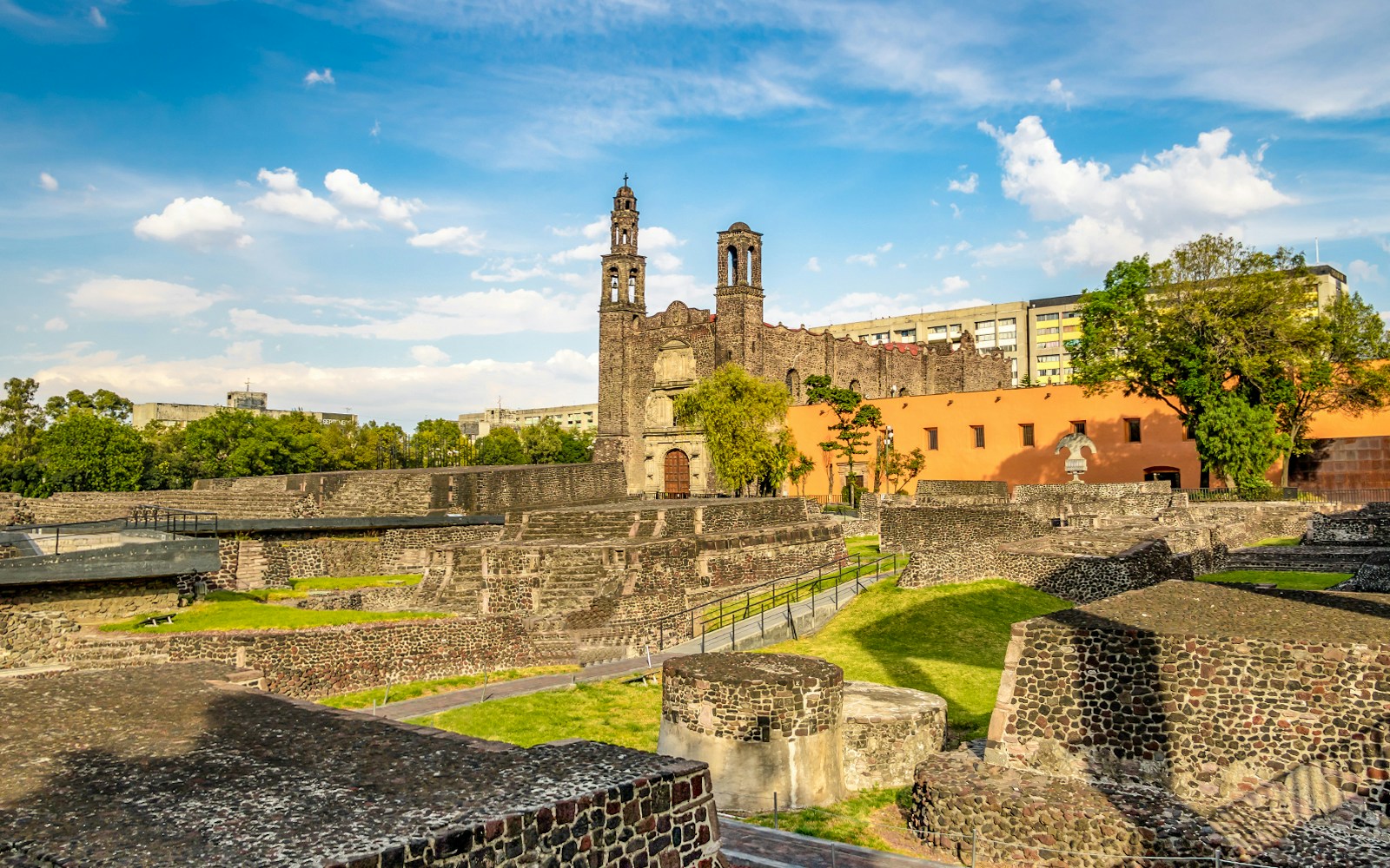 Plaza de las Tres Culturas with ancient ruins and colonial church, Tlatelolco, Mexico City.