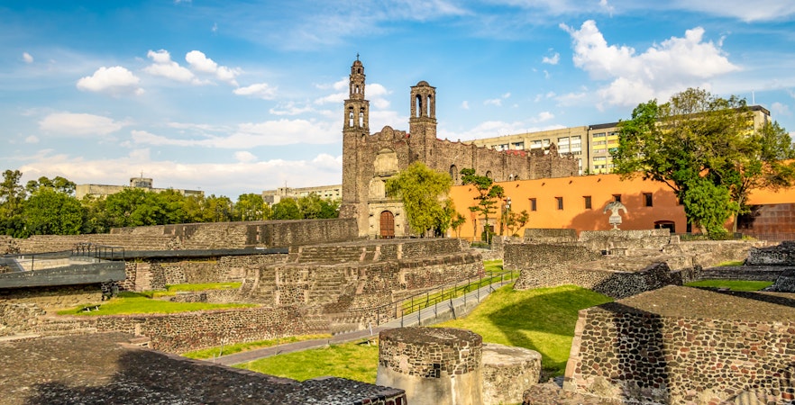 Plaza de las Tres Culturas with ancient ruins and colonial church, Tlatelolco, Mexico City.