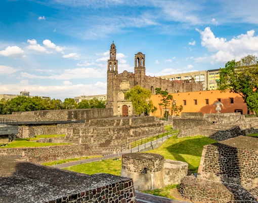 Plaza de las Tres Culturas with ancient ruins and colonial church, Tlatelolco, Mexico City.